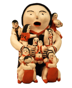 Image of ceramic figure of a woman with mouth open and holding around 10 small children.