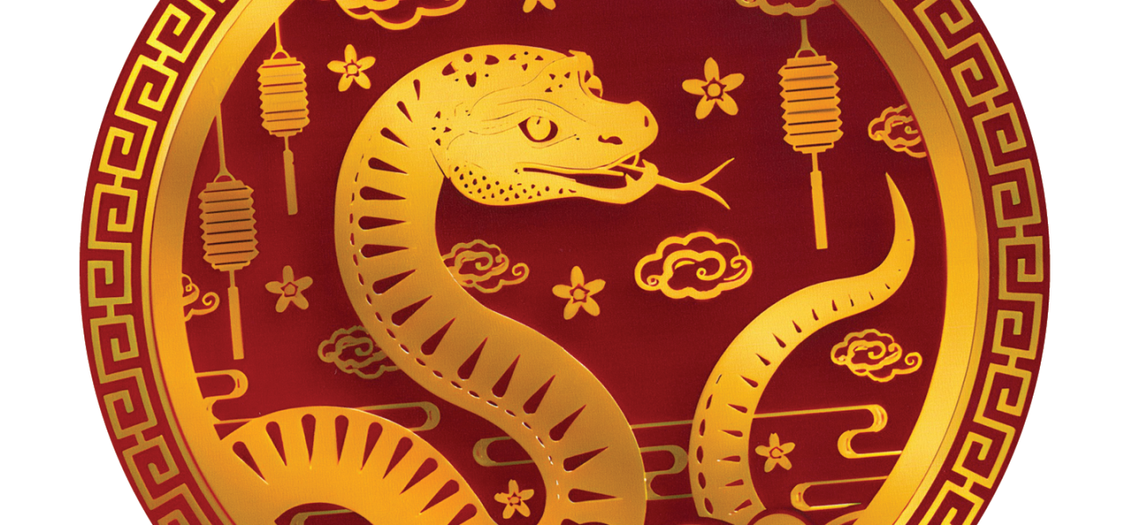 Stylized image of a snake in gold on a red background.