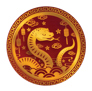 Stylized image of a snake in gold on a red background.