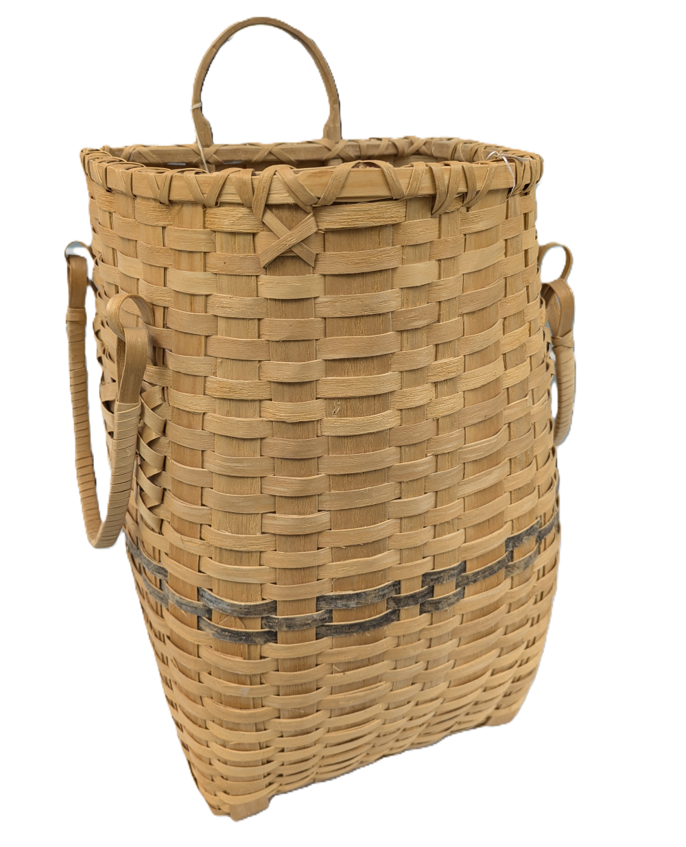 Image of pack basket with large swing handles and blue details.
