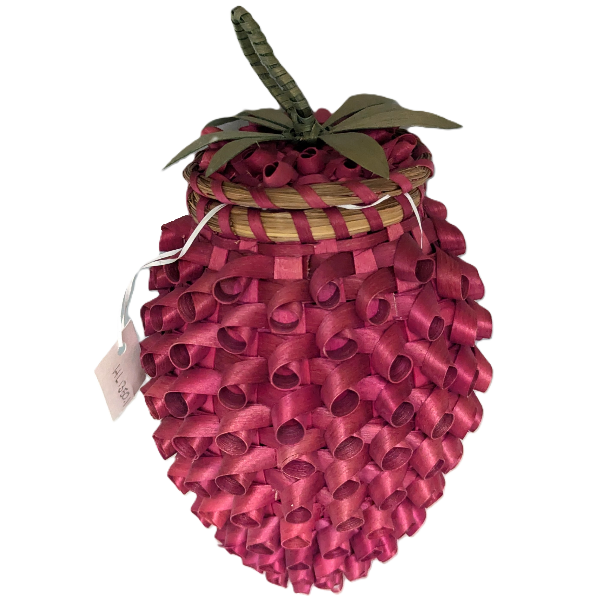 Image of basket in the shape of a berry, deep red with curls. Cover has green leaves and a green loop.