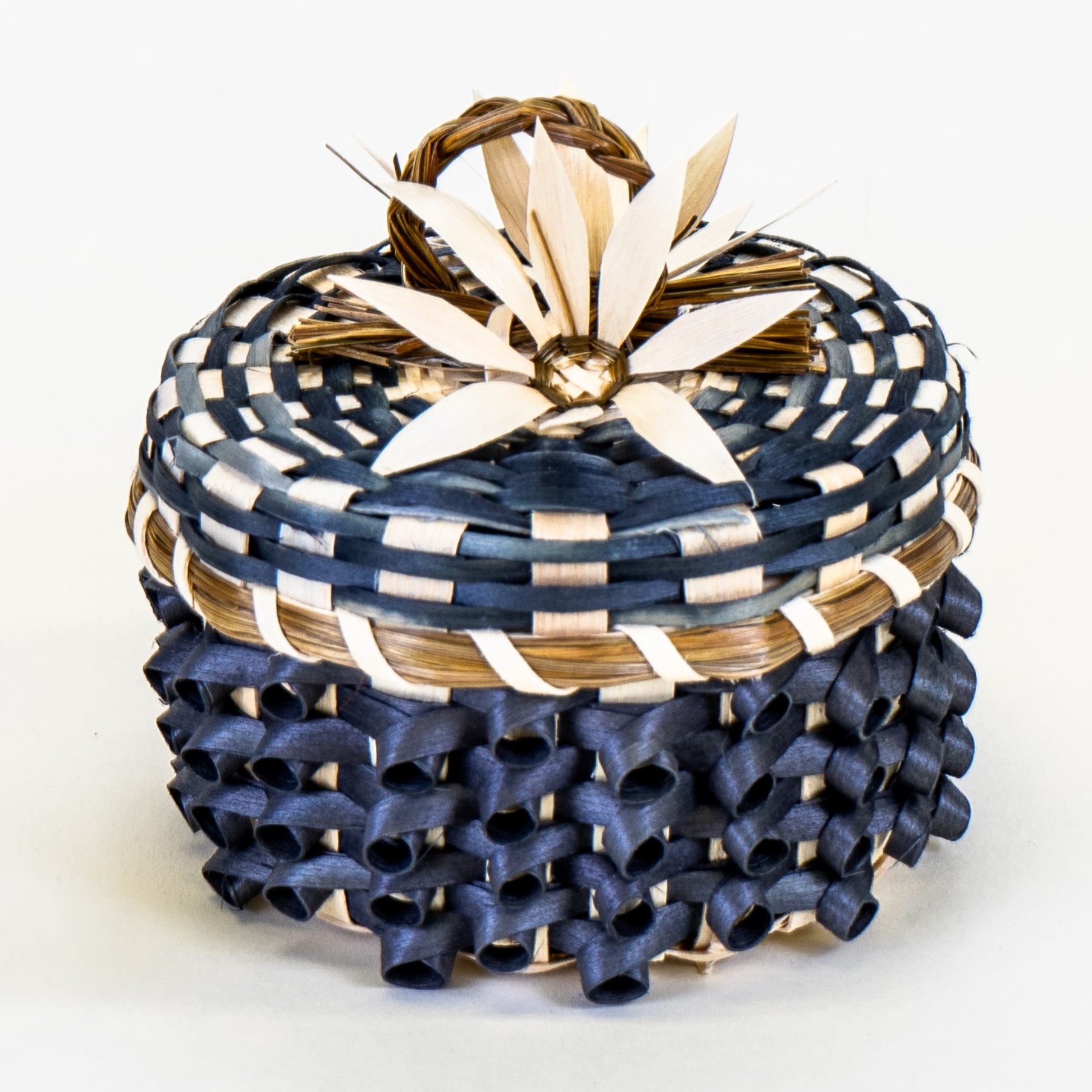 Image of small blue basket with curls and flower detail on cover.
