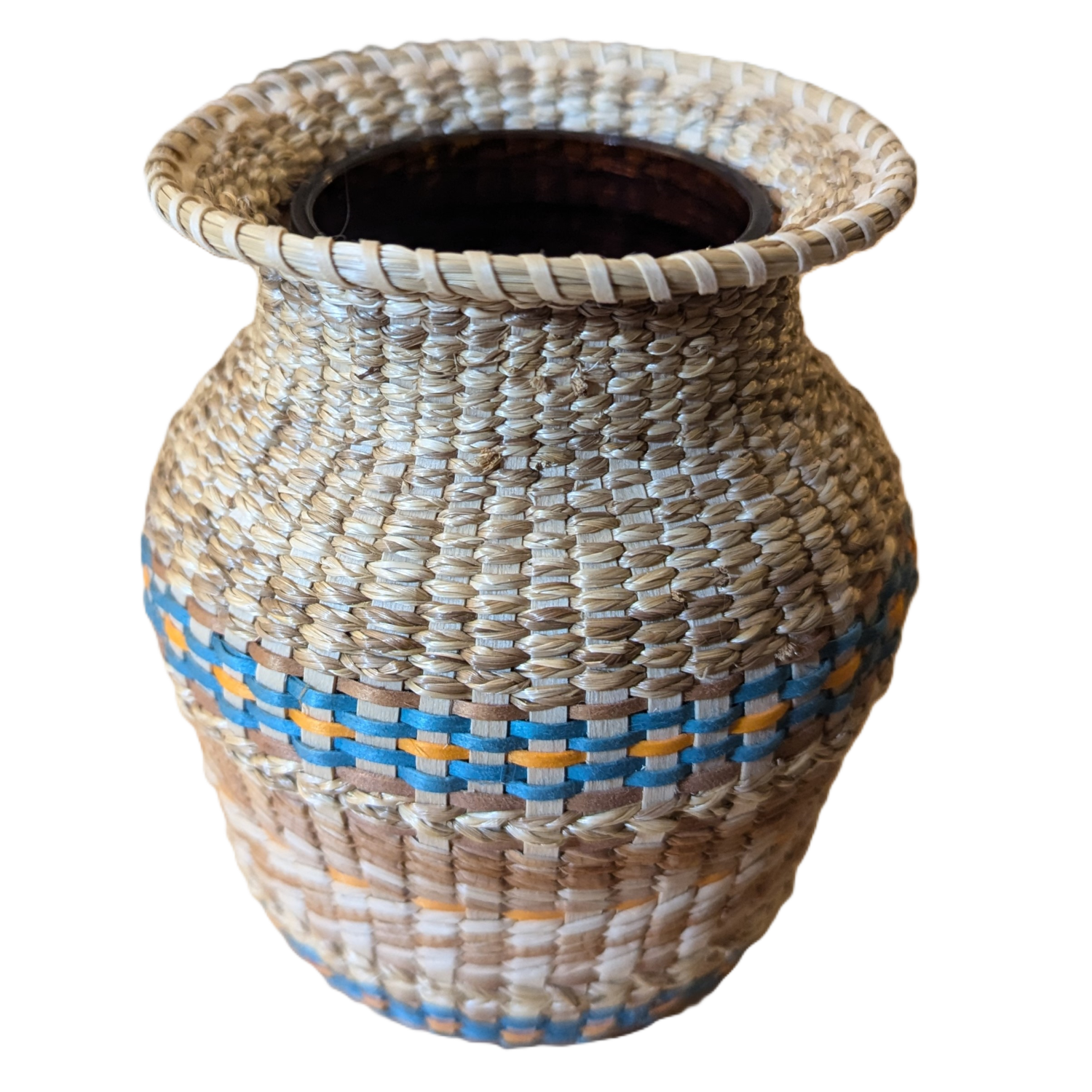 Image of small basket vase with teal and orange details and sweetgrass weavers.