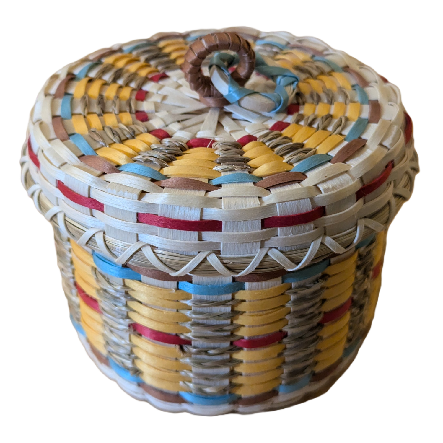 Image of round basket with cover. Colors include golden yellow, rich red, light blue, and brown.