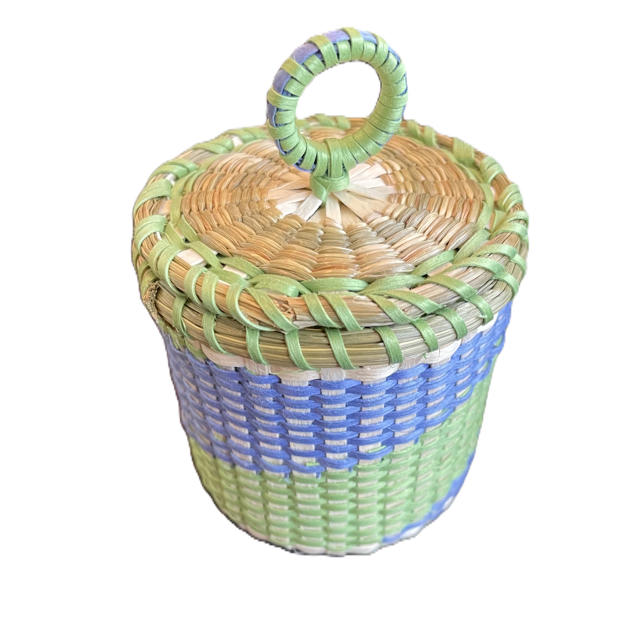 Image of small basket with blue and green.