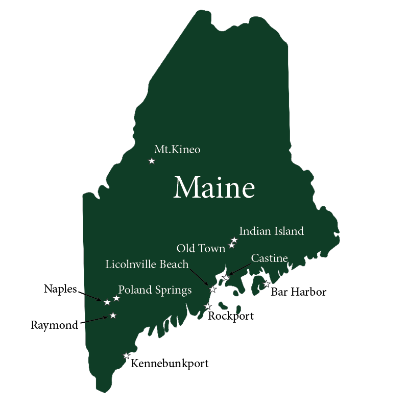 Map of the state of Maine showing the locations of Mt. Kineo, Indian Island, Old Town, Castine, Bar Harbor, Lincolnville Beach, Rockport, Kennebunkport, Poland Springs, Naples, and Raymond.