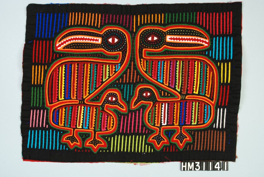 Black rectangular fabric object with vibrant, colorful birds and linear designs.