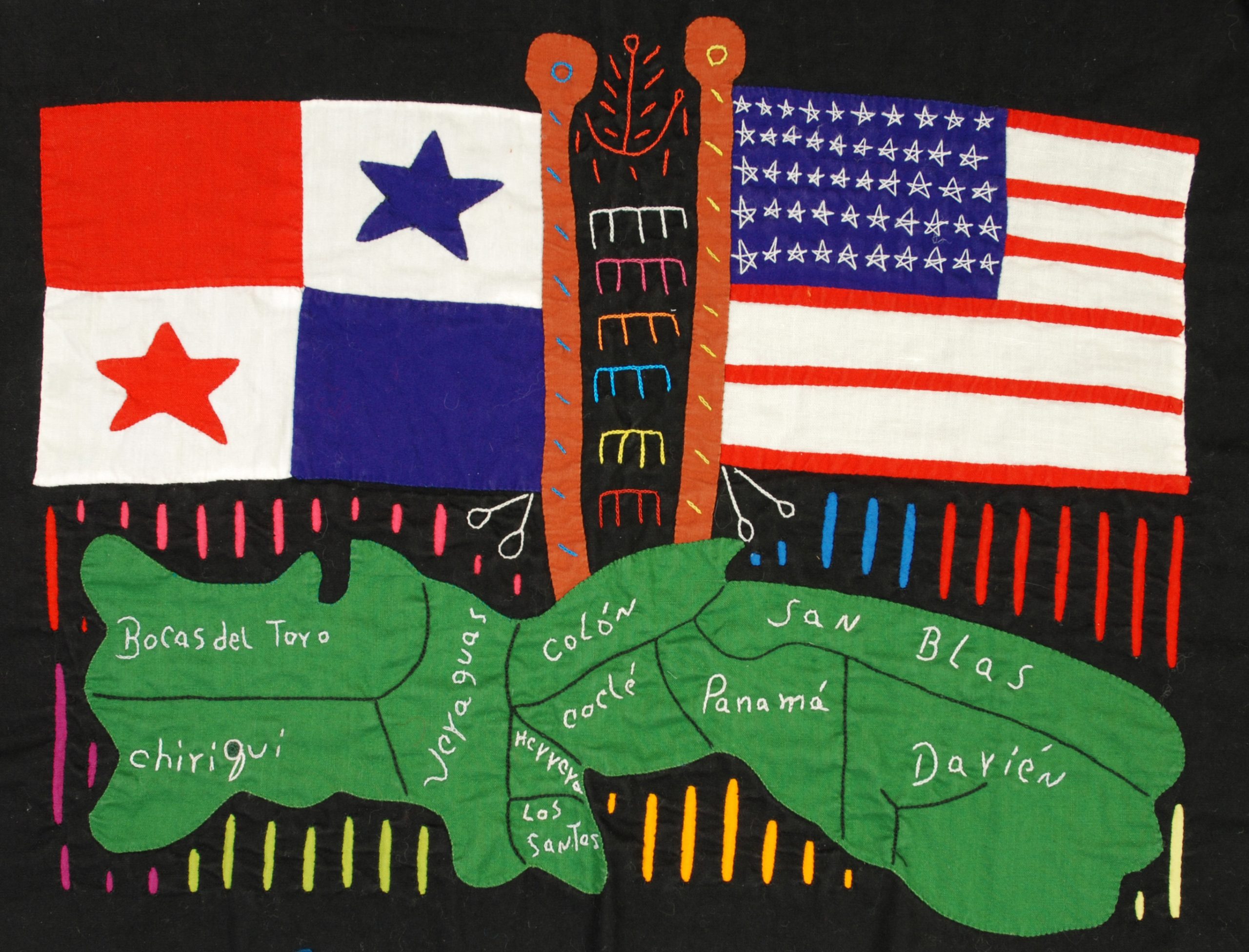 Rectangular fabric depicting a simplified map of panama below the Panamanian and United States flags.