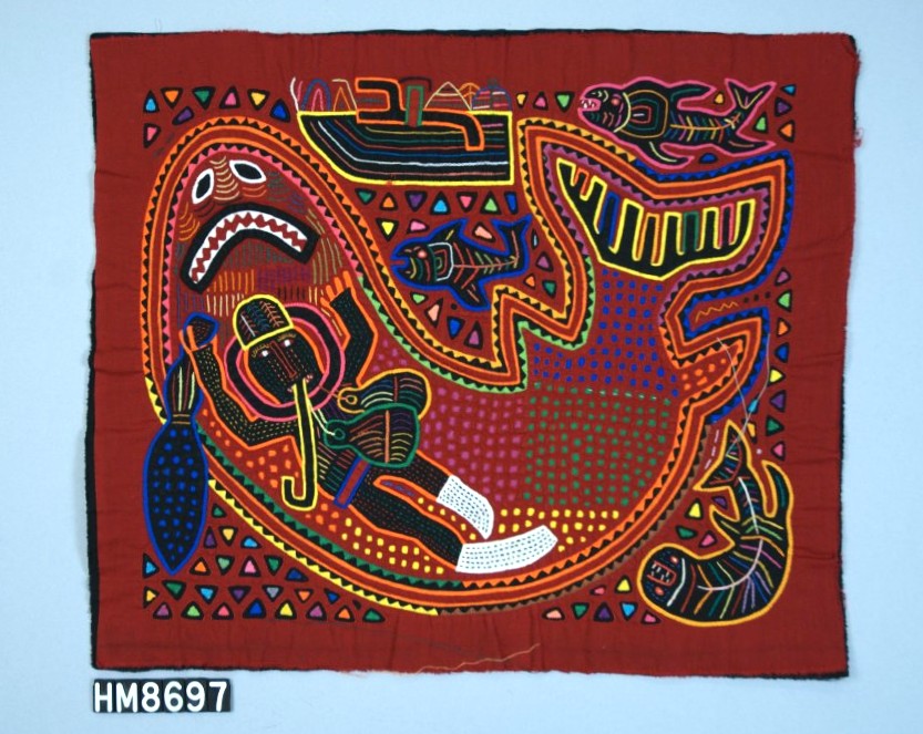 Rectangular fabric depicting a scuba diver framed by a shark, seen from below, with fish at two corners and a boat at the top.