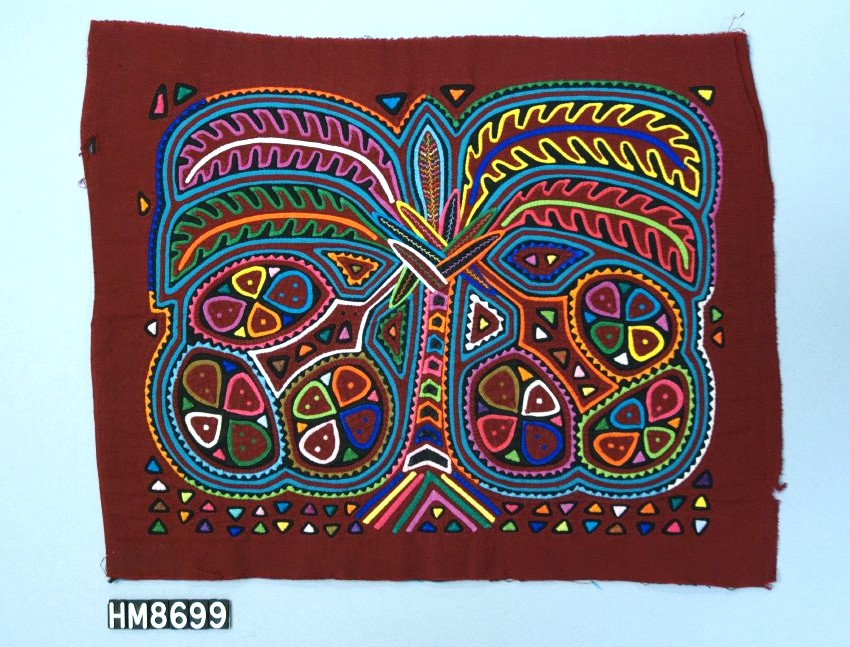 Rectangular fabric depicting a colorful stylized palm tree with coconuts and triangular decorative motifs.