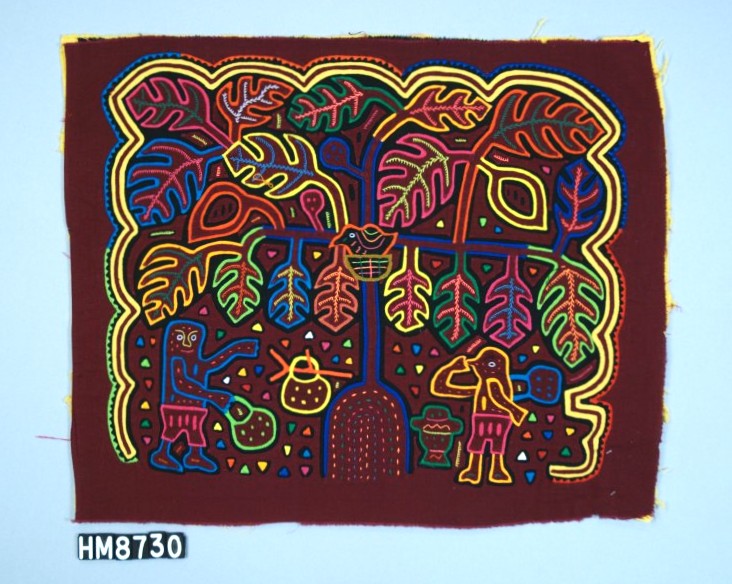 Rectangular fabric depicting a stylized tree with a bird in a nest. Two figures stand under the tree with containers and a stick extends from the tree's trunk with a container hanging from it.