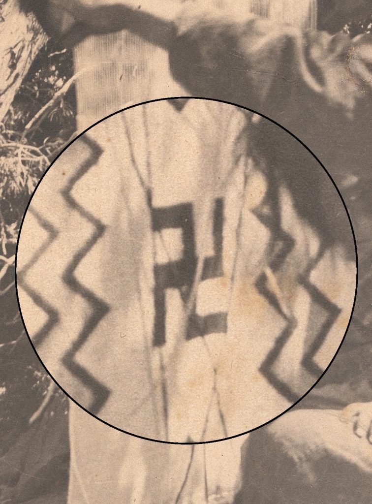 A detail image of the textile being woven in the photograph above, providing a zoomed-in view of the whirling logs motif. This motif is very similar visually to a swastika.