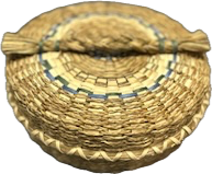 A flat, circular basket with a braided grass handle.