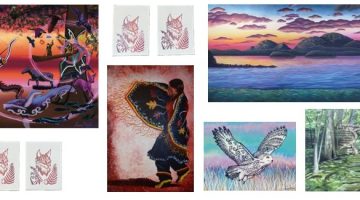 A collage of paintings and lino prints.