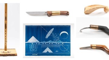 A collage of hand tools, artworks, and instruments.