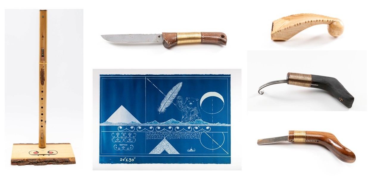 A collage of hand tools, artworks, and instruments.