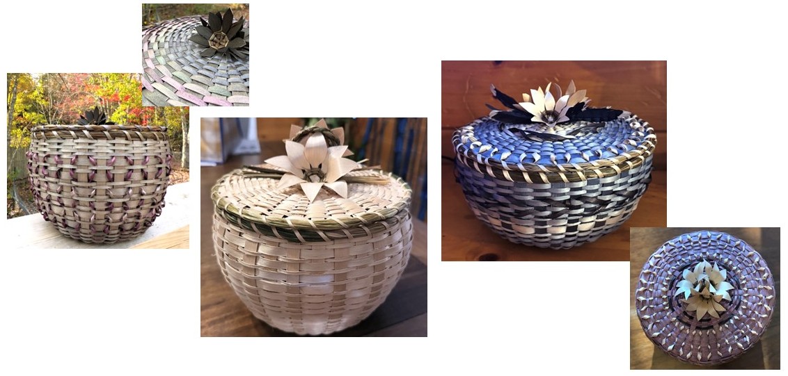 A collage of baskets with flower decorations on the covers.