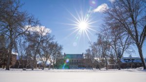 A photo of Foger Library and the mall on a snowy day