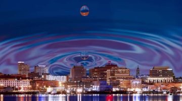 Image of city skyline with water droplet photograph