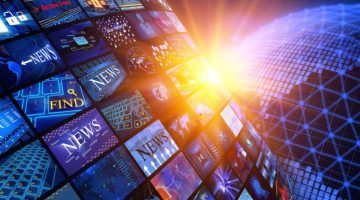 Image of television screens and futuristic globe design.