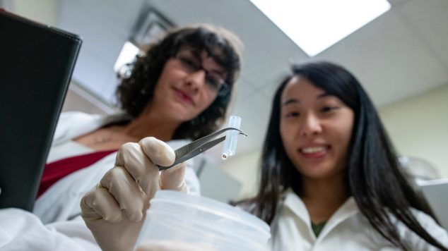 Caitlin Howell and her Graduate Research student Junie Fong, a PhD student in the Graduate School of Biomedical Science and Engineering, develop new components for medical catheters to help decrease the chance of infection with a new coating.