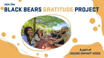 People smile and chat around a picnic table. Overlay text says, Join the Black Bear Gratitude Project, part of Maine Impact Week.