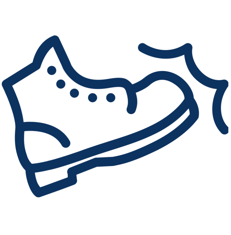 Outline of an unlaced boot tilted as though kicking