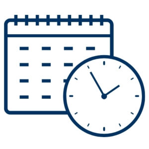 Stylized outline of a bound calendar to the left of a stylized clock outline