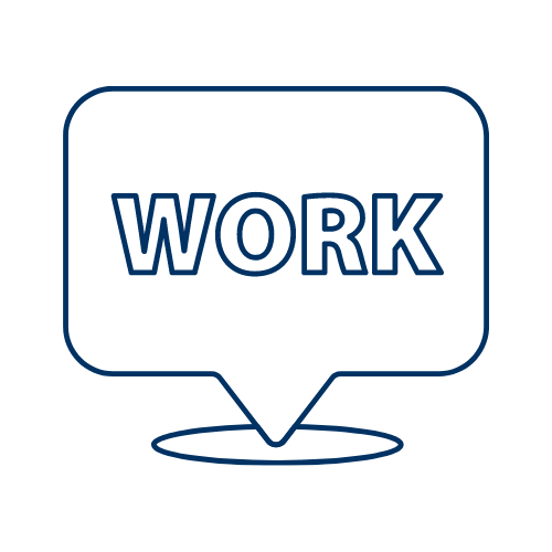 A blue circle with a word bubble in the center of it. The word inside the word bubble is "work."