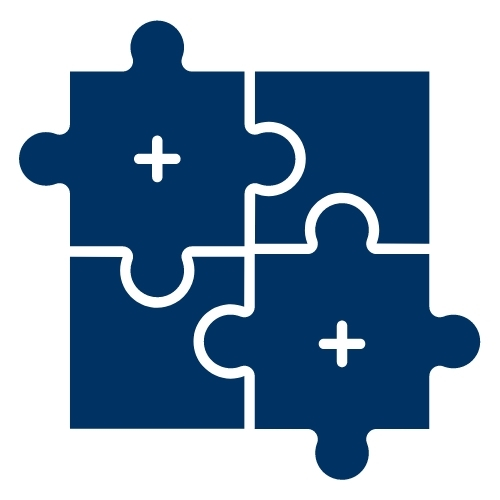 A blue square divided into four sections. Two of the sections are shaped like interlocking puzzle pieces.