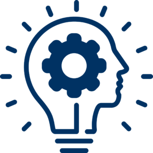 A stylized head icon with a neck like a lightbulb and a gear where the brain would be