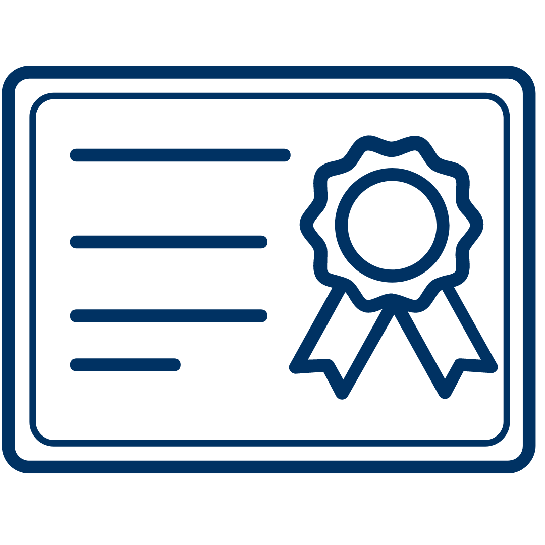A certificate - blue rectangle, lines inside to represent text, a ribbon on the right side.