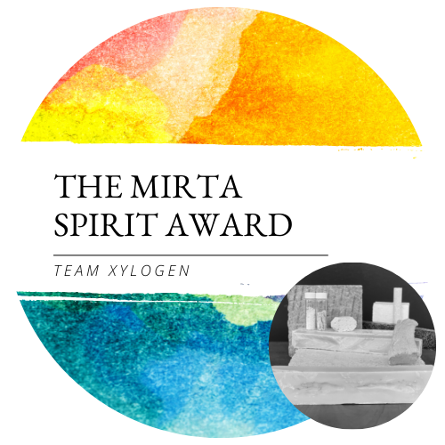 multicolor circle with white bar in center, text in white bar reads: The MIRTA Spirit Award Team Xylogen. An adjacent circular image shows a variety of composite wood products arranged on a table.