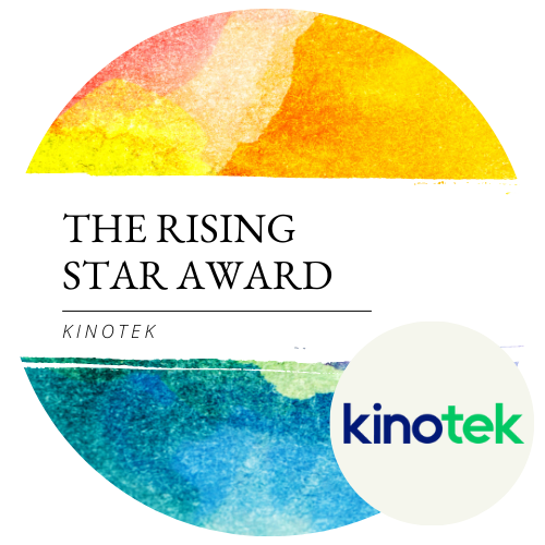 multicolor circle with white bar in center, text in white bar reads: The Rising Star Award KinoTek. An adjacent circular image shows the logo for KinoTek.