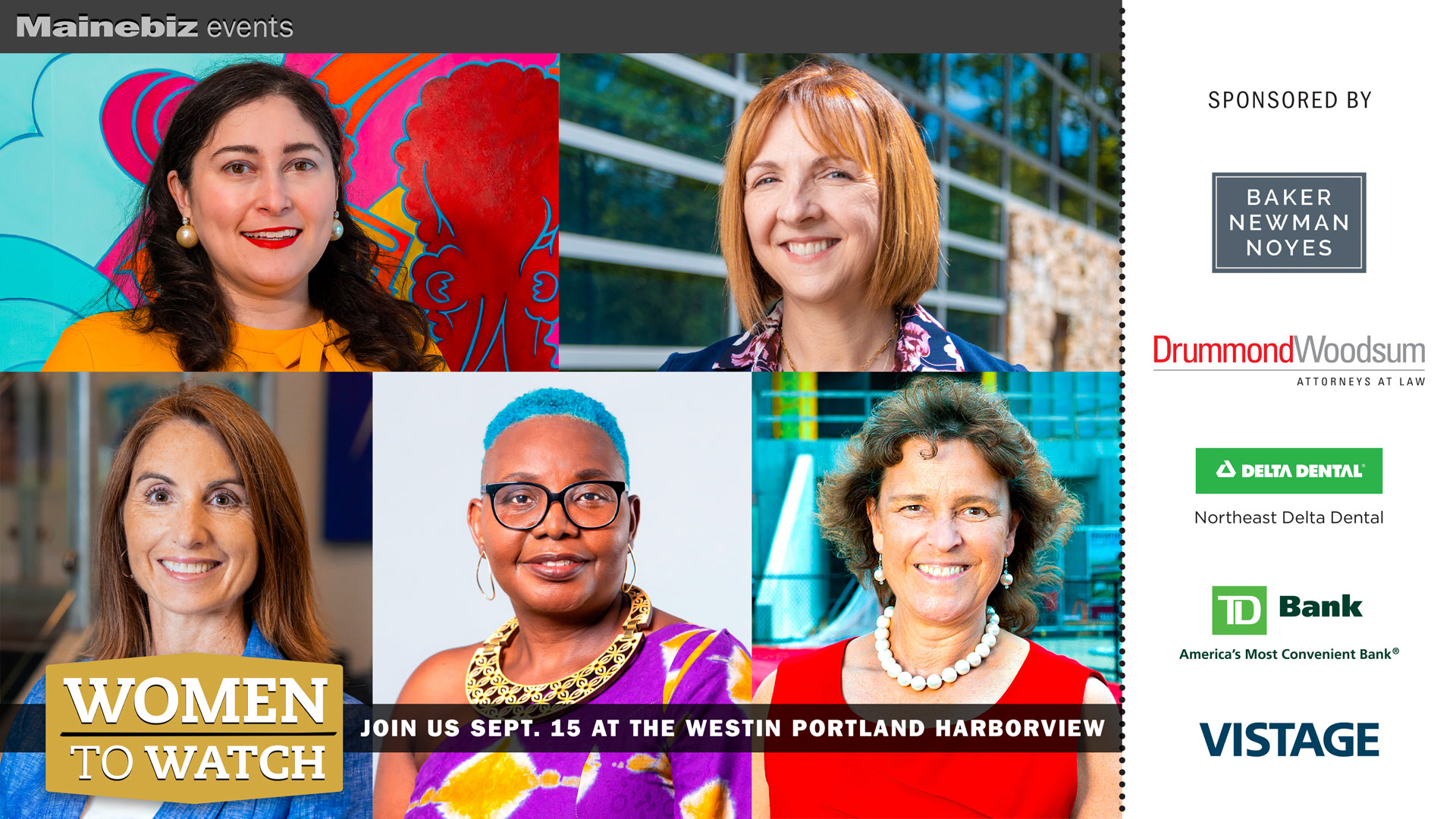 Graphic with photos of the Mainebiz 2022 Women to Watch, Kate McAleer, Renee Kelly, Kristine Logan, Mufalo Chitam, Laurie Lachance