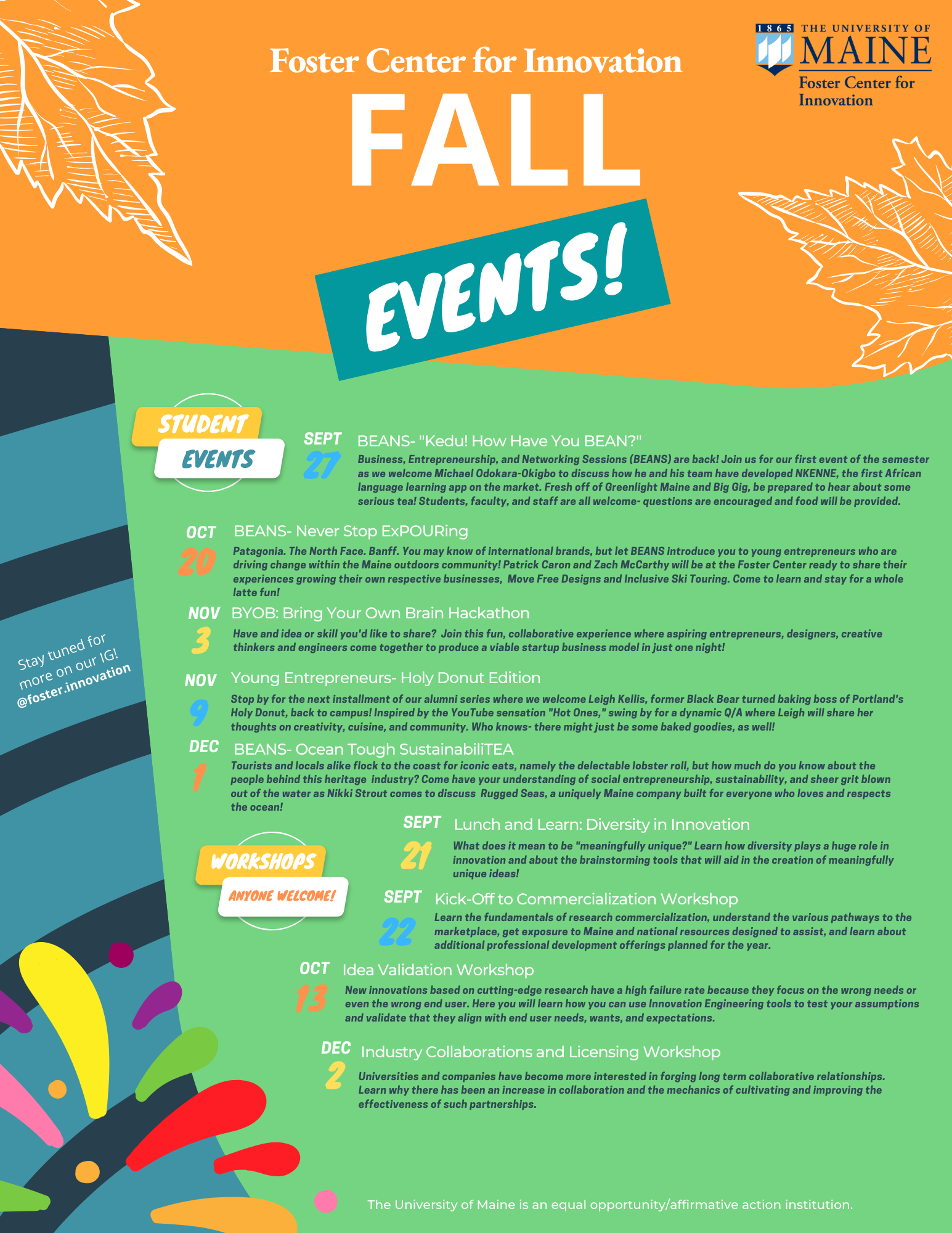 Foster Center fall 2022 events flyer listing event dates and names.