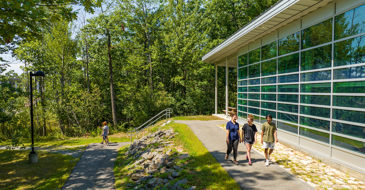 Students walk outside the Foster Center for Innovation on a summer day