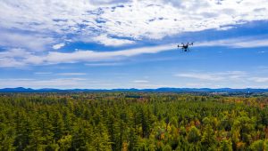 a photo of a drone flying over a forest with blue sky and clouds behind it