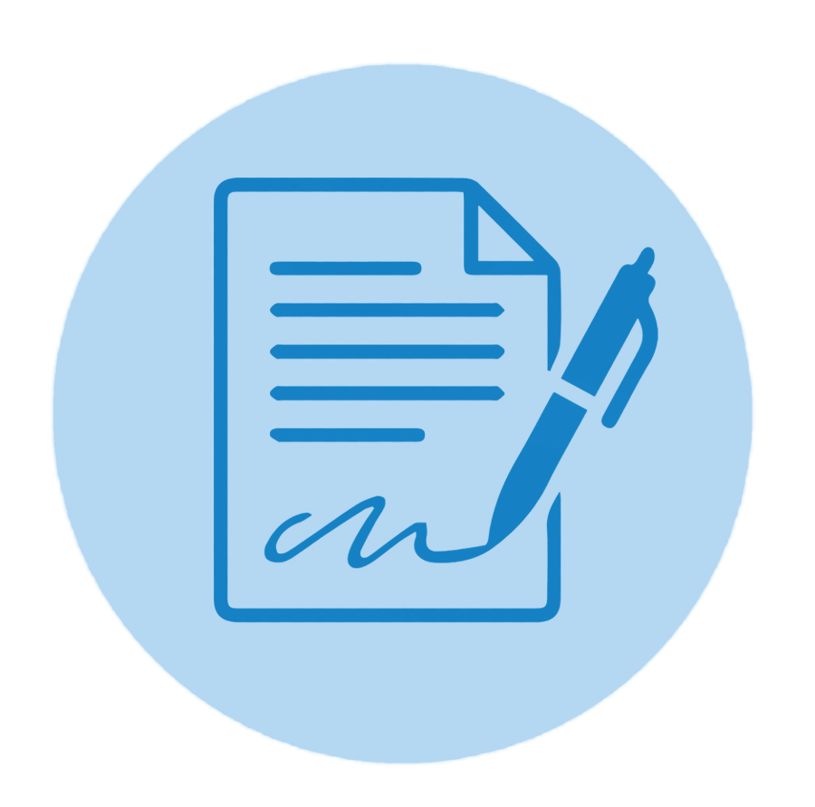 icon showing a page with writing, a signature, and a pen