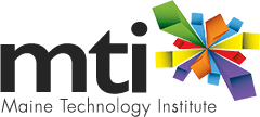 Logo for the Maine Technology Institute: black letters MTI over the words Maine Technology Institute next to a colorful design of green, blue, orange, yellow, purple and red bars arranged in a starburst-like design.