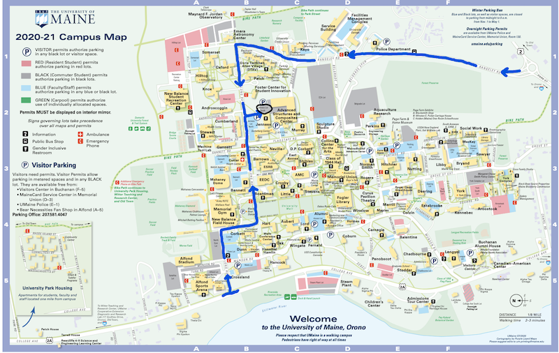 University of Maine campus road map marked to show options to get to the parking lot for Jenness Hall. 