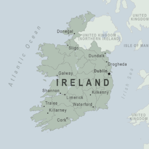 A map image of ireland with different cities