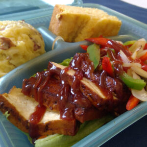 BBQ Smoked Tofu Peppers and Onions Smashed Potato and Corn Bread