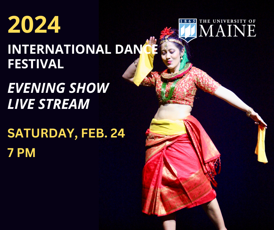 A photograph of a dancer at the International Dance Festival with the text "2024 International Dance Festival Evening Show Live Stream" which can be clicked to take the visitor to the live stream on YouTube.