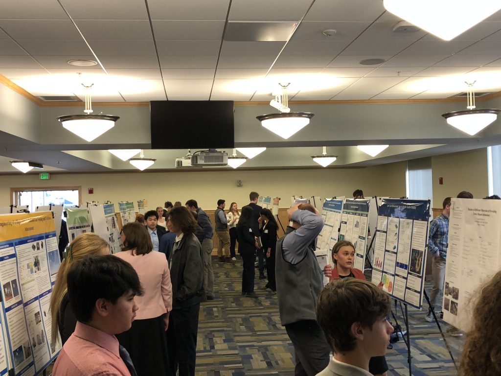 A photo of a crowd looking at symposium posters