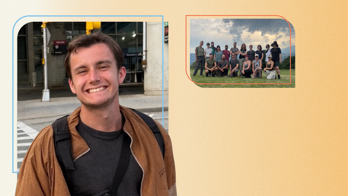 A photo collage featuring a portrait of Shane Harriman and a photo of a group of people posing outside