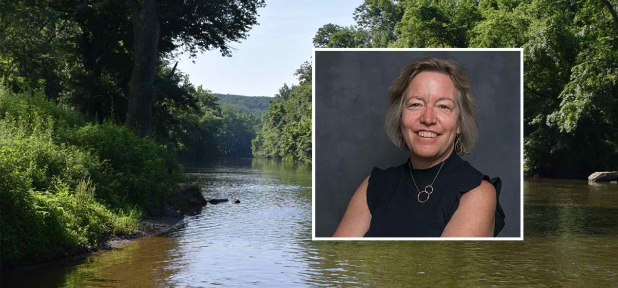 portrait of catherine kling imposed on a photo of a river
