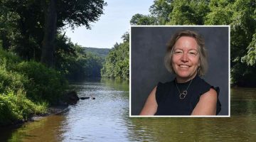 portrait of catherine kling imposed on a photo of a river