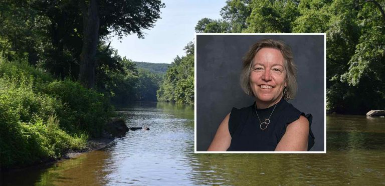 portrait of catherine kling imposed on a photo of a river