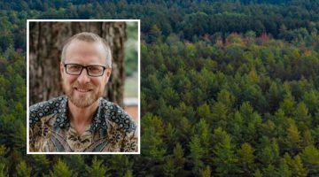 A portrait of Peter Ellis with an aerial image of a forest in the background.